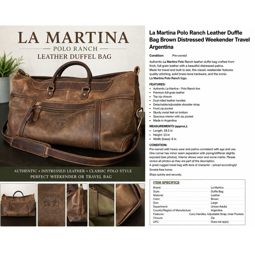 La Martina Polo Ranch Leather Duffle Bag Brown Distressed Weekender Travel